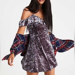 American Eagle, Extra Small, Grey, Crushed Velvet Mini Dress